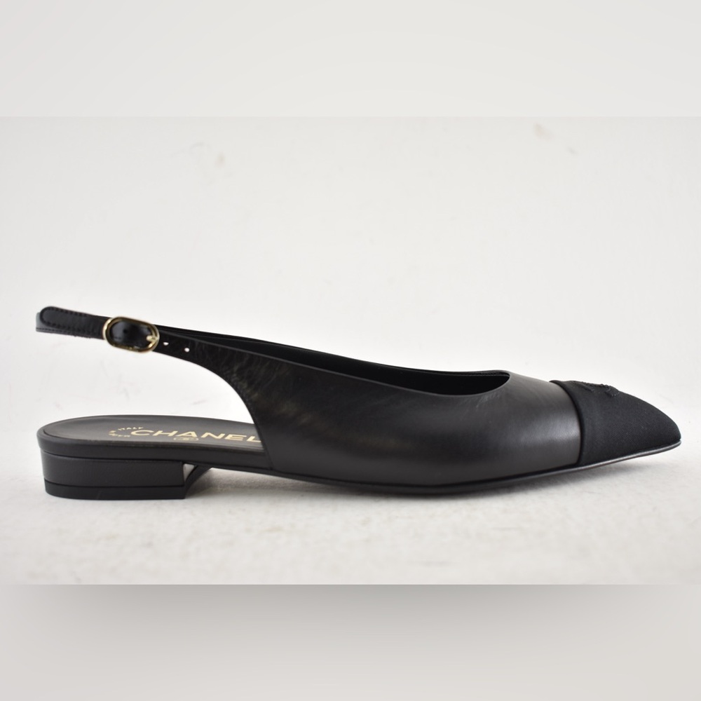 Chanel 24A Black Leather CC Logo Coco Sling Slingback Pointed Ballet Flat 38.5 - Picture 2 of 16